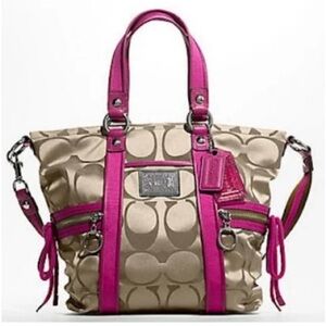 COACH POPPY SIGNATURE LUREX SPORTLIGHT KHAKI JACQUARD TOTE SHOULDER BAG 13847